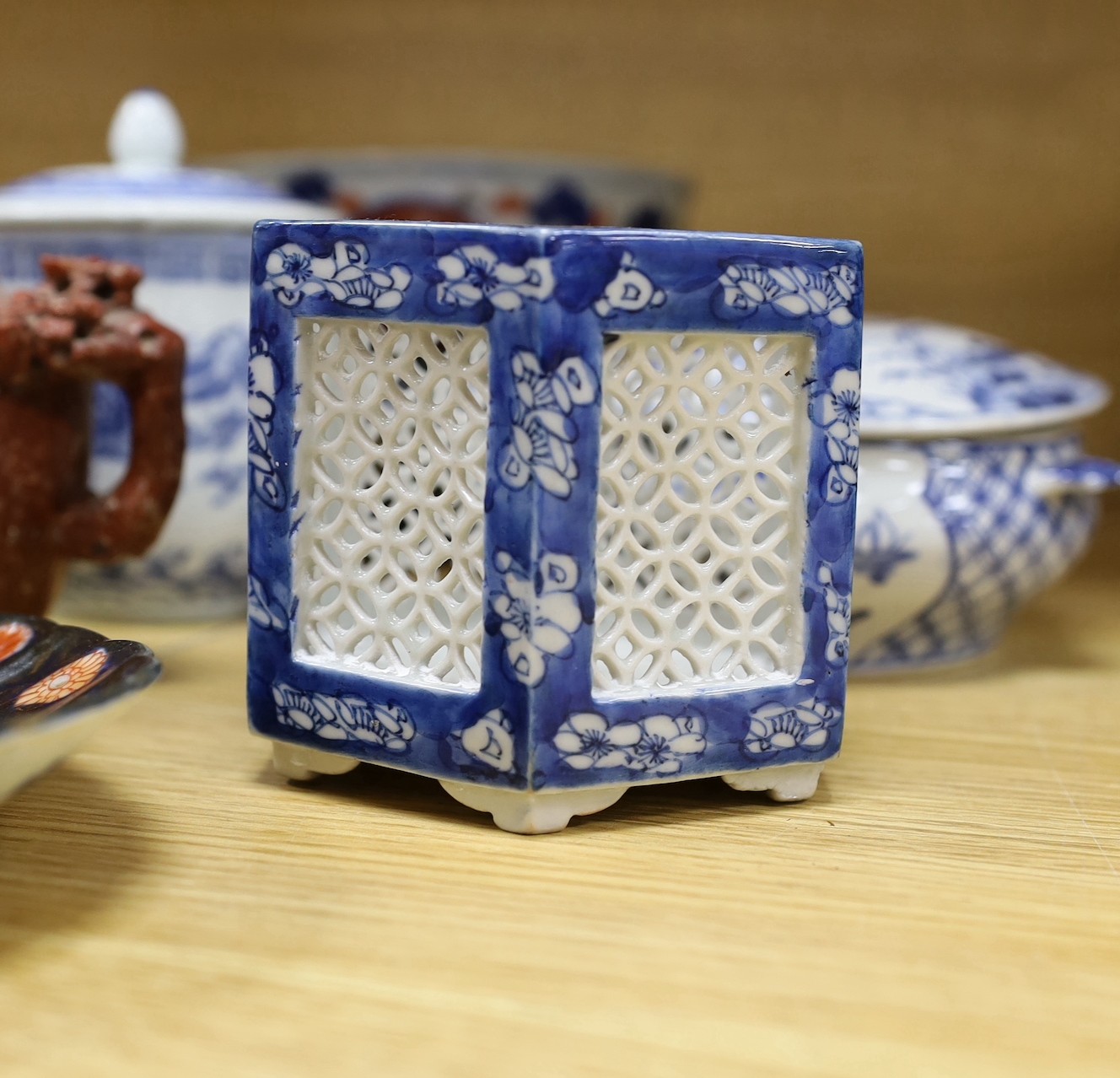 An early 20th century Chinese blue and white prunus vase, group of Chinese, Japanese porcelain Rex Hotel tureens, soapstone wine pot etc